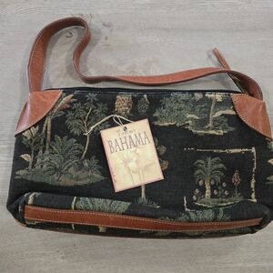 Vintage Tommy Bahama Leather And Canvas/tapestry Tropical Handbag